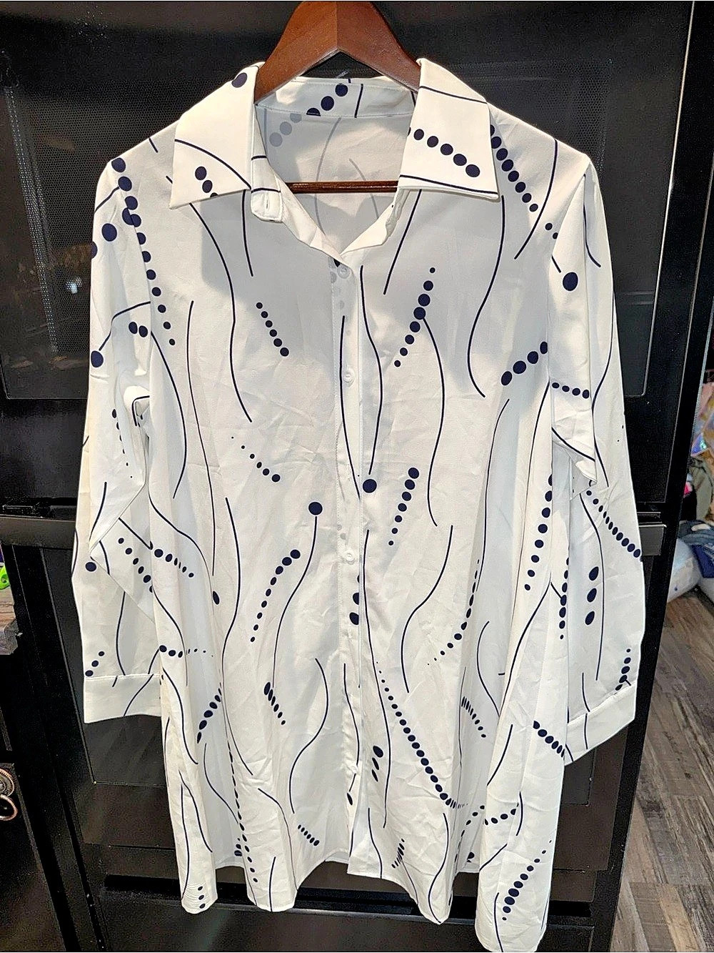 SHEIN Abstract Button Down Dress in White & Blue Like New